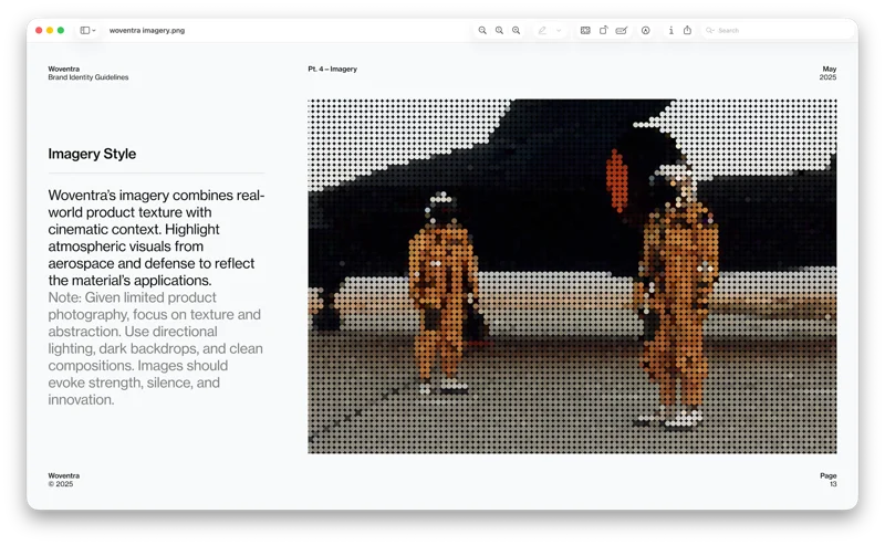 Woventra imagery guidelines with two orange figures beneath a dark aircraft silhouette