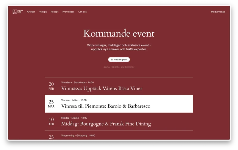 Senses Wineclub upcoming events page with a burgundy background and wine tasting listings